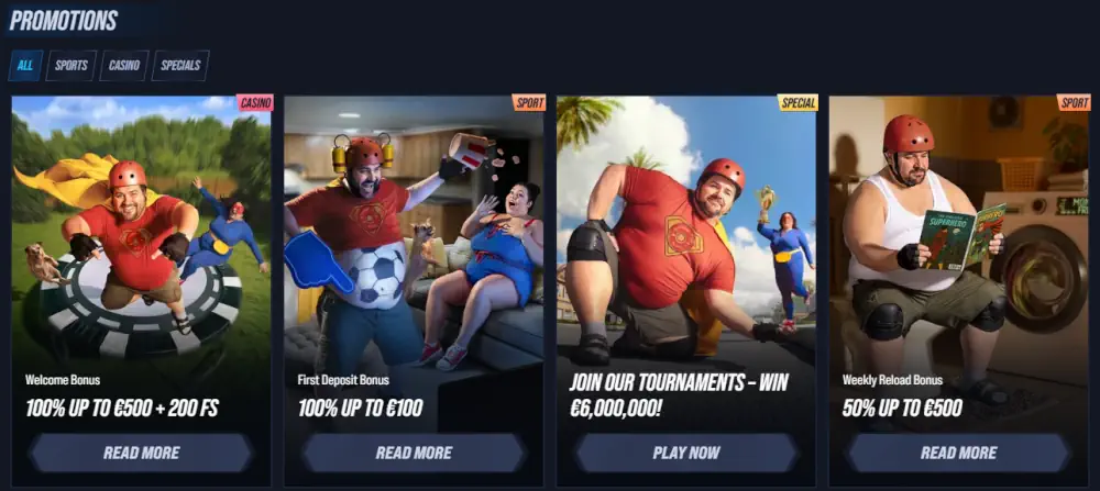 Stránka promoakcí Vegas Hero s uvítacími bonusy a turnaji ve slotech
